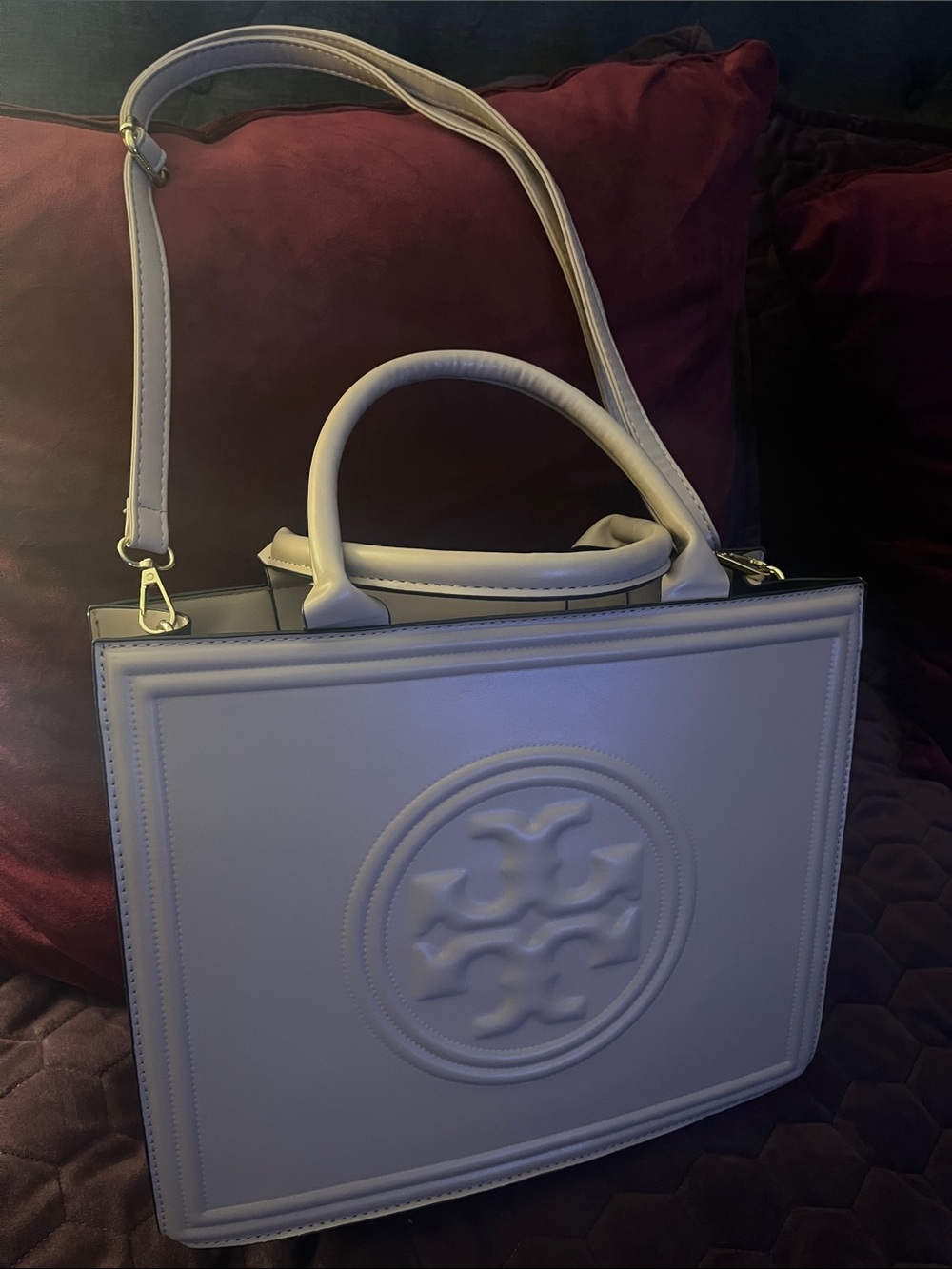 Structured Top-Handle Tote in Light Gray with Embossed Medallion